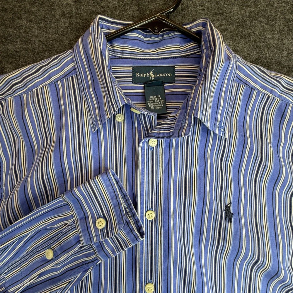 Ralph Lauren Button Down Shirt Kids L 14-16 Blue Striped Casual Long‎ Sleeve